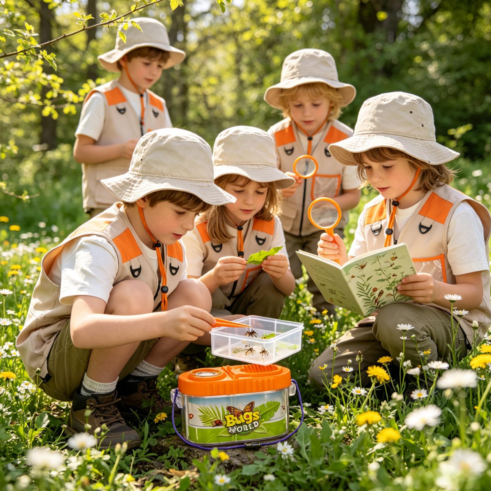 Outdoor Adventure Activities For Kids - ชุดอุปกรณ์ผจญภัยสำหรับเด็กพร้อมแว่นขยาย หมวกน้ำหนักเบา ชุดวิทยาศาสตร์สำหรับเด็ก ชุดจับแมลงและตั้งแคมป์สำหรับเด็กชายและเด็กหญิงสำหรับกิจกรรมกลางแจ้ง